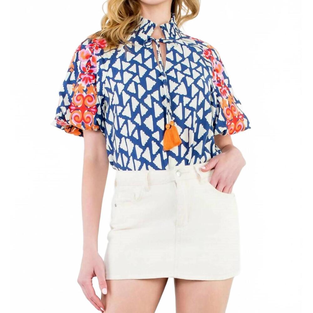 THML Blue White Geometric & Orange Floral Tassel Blouse